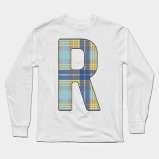 Monogram Letter R, Blue, Yellow and Grey Scottish Tartan Style Typography Design Long Sleeve T-Shirt